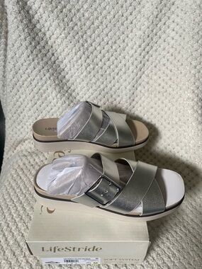 Life Stride Metallic Silver Buckle Slide Sandals